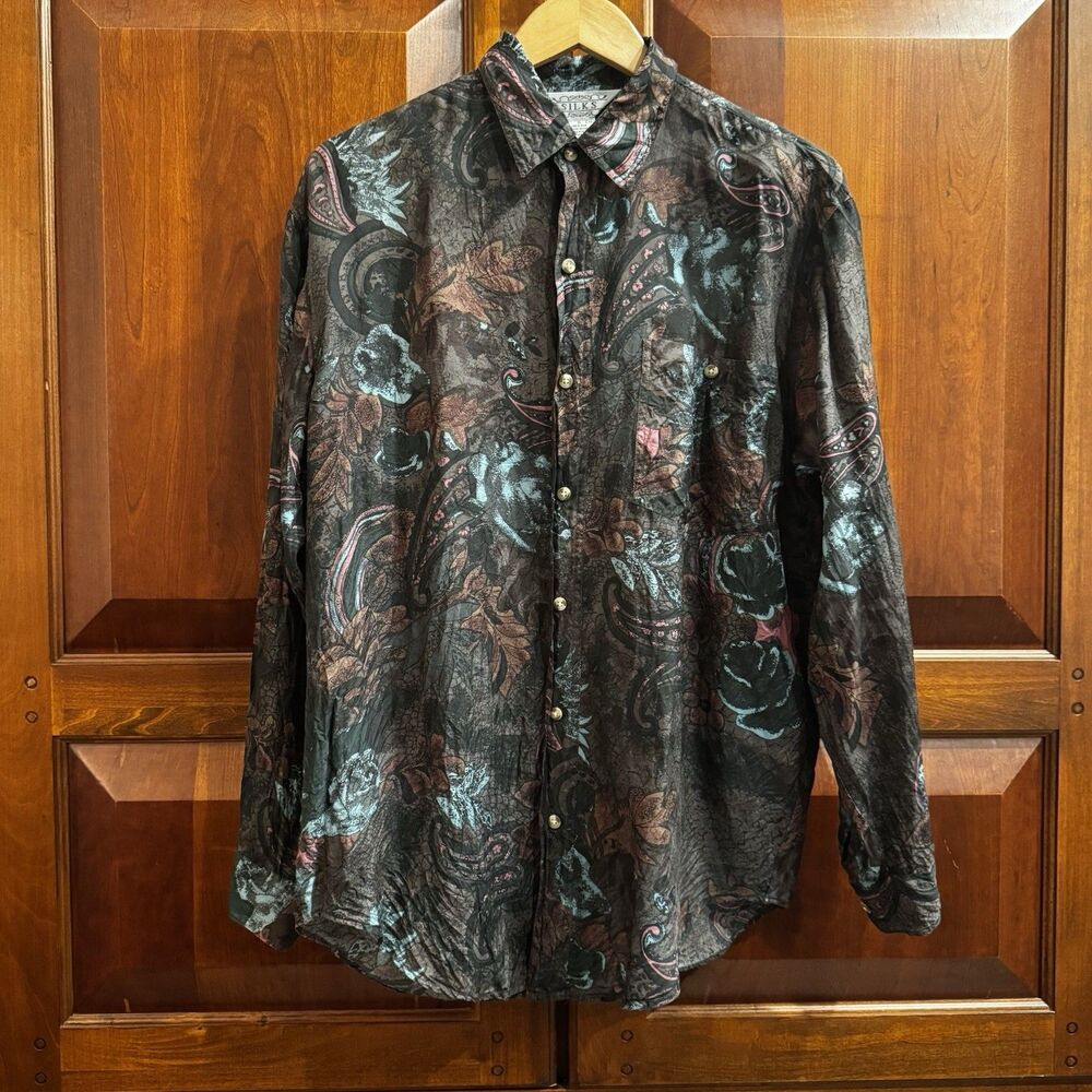 Silks 100% Silk Men’s Long Sleeves Shirt - Abstract Nature Paisley Print Small